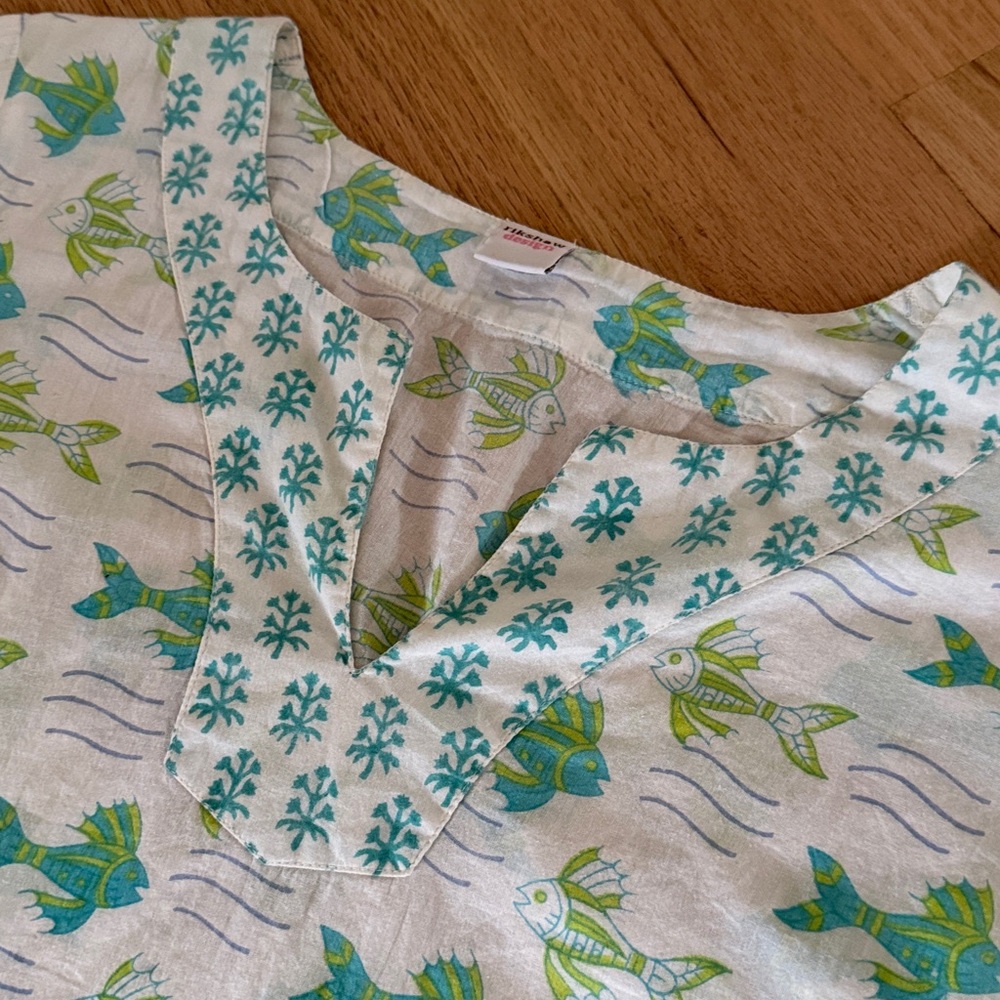 Rikshaw Design 100% cotton 3/4 sleeve block print green fish Women's sz Small - Picture 6 of 10